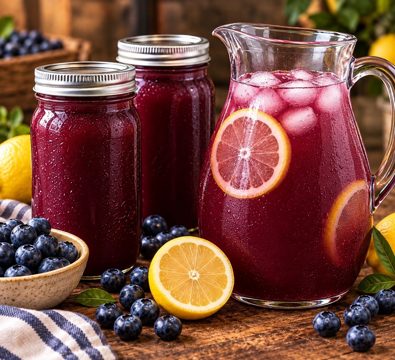 Blueberry lemonade concentrate and an iced pitcher