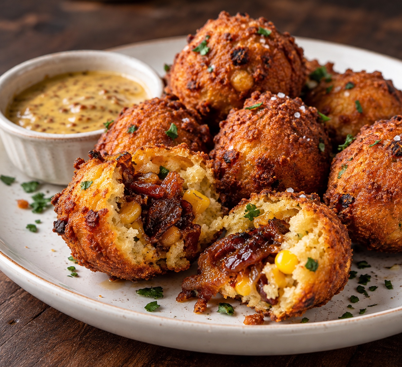 Golden sourdough hush puppies, including one cut open to reveal smoky bacon-onion jam, served with mustard dipping sauce