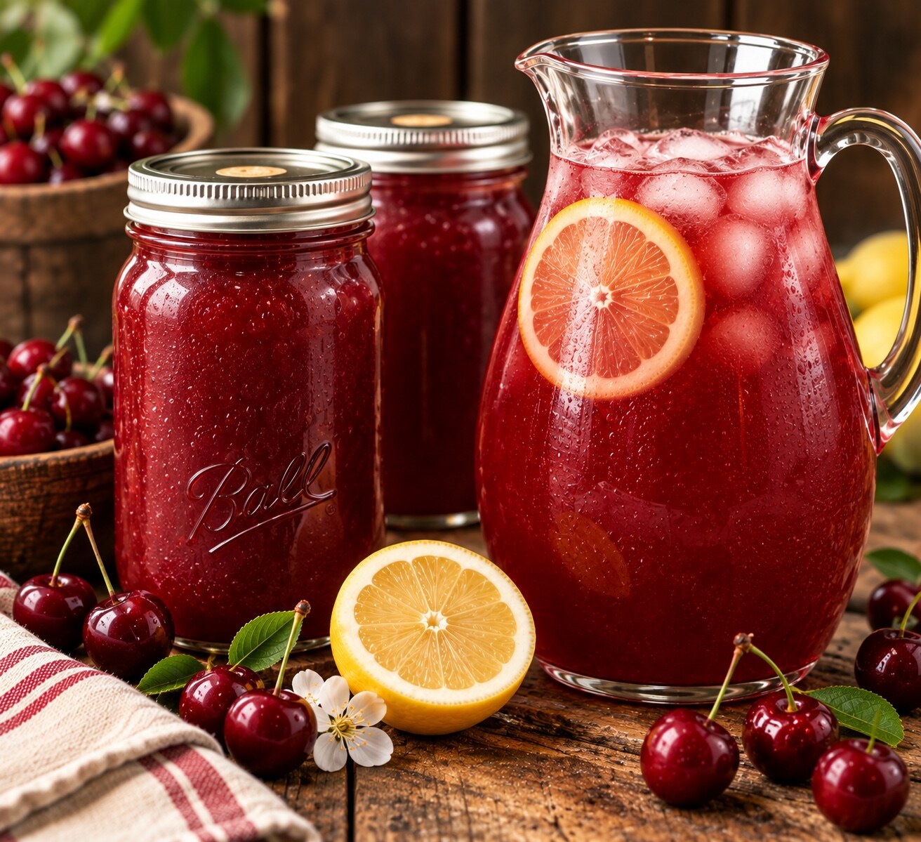 Cherry lemonade concentrate and an iced pitcher