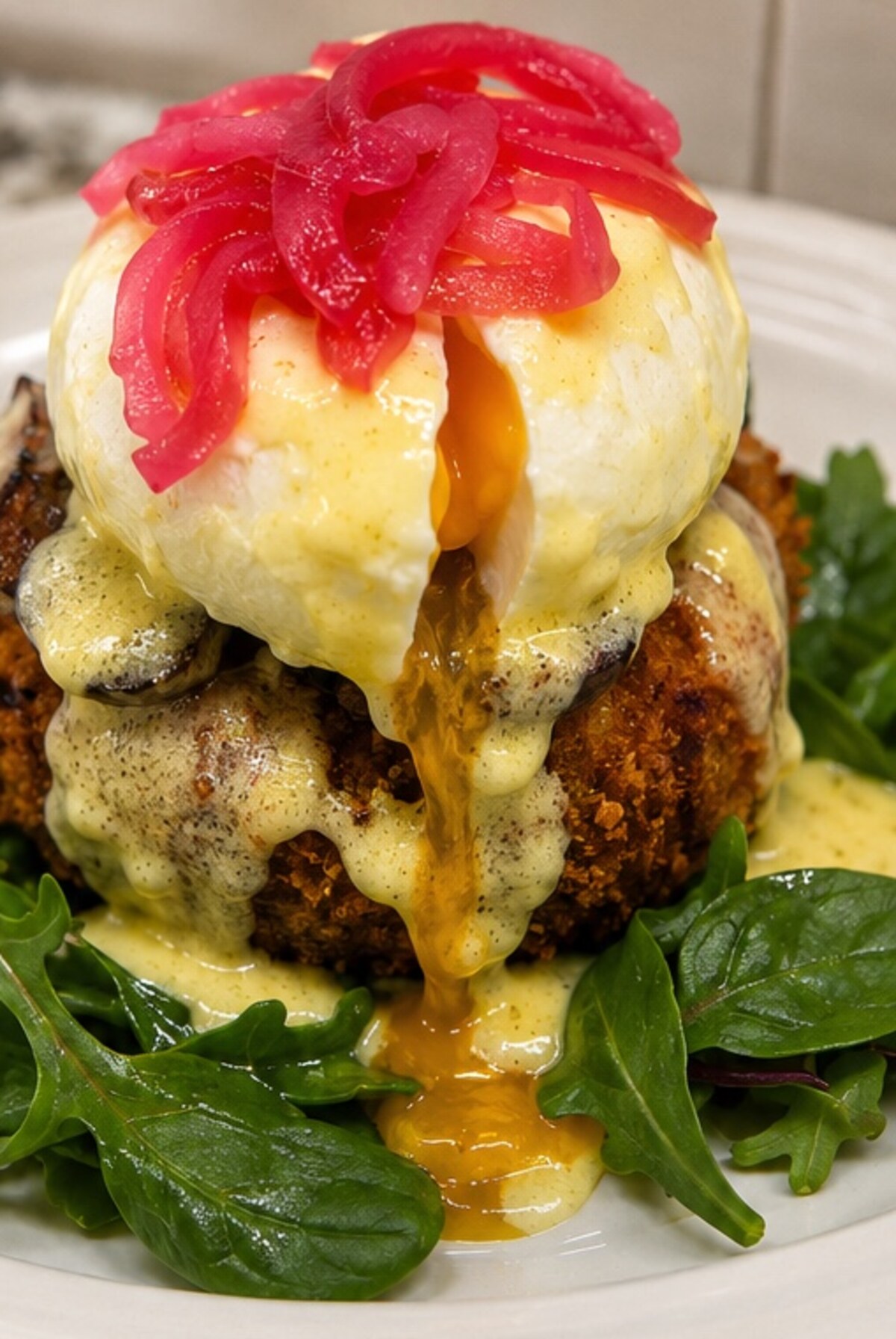 Crispy potato salad croquettes Benedict