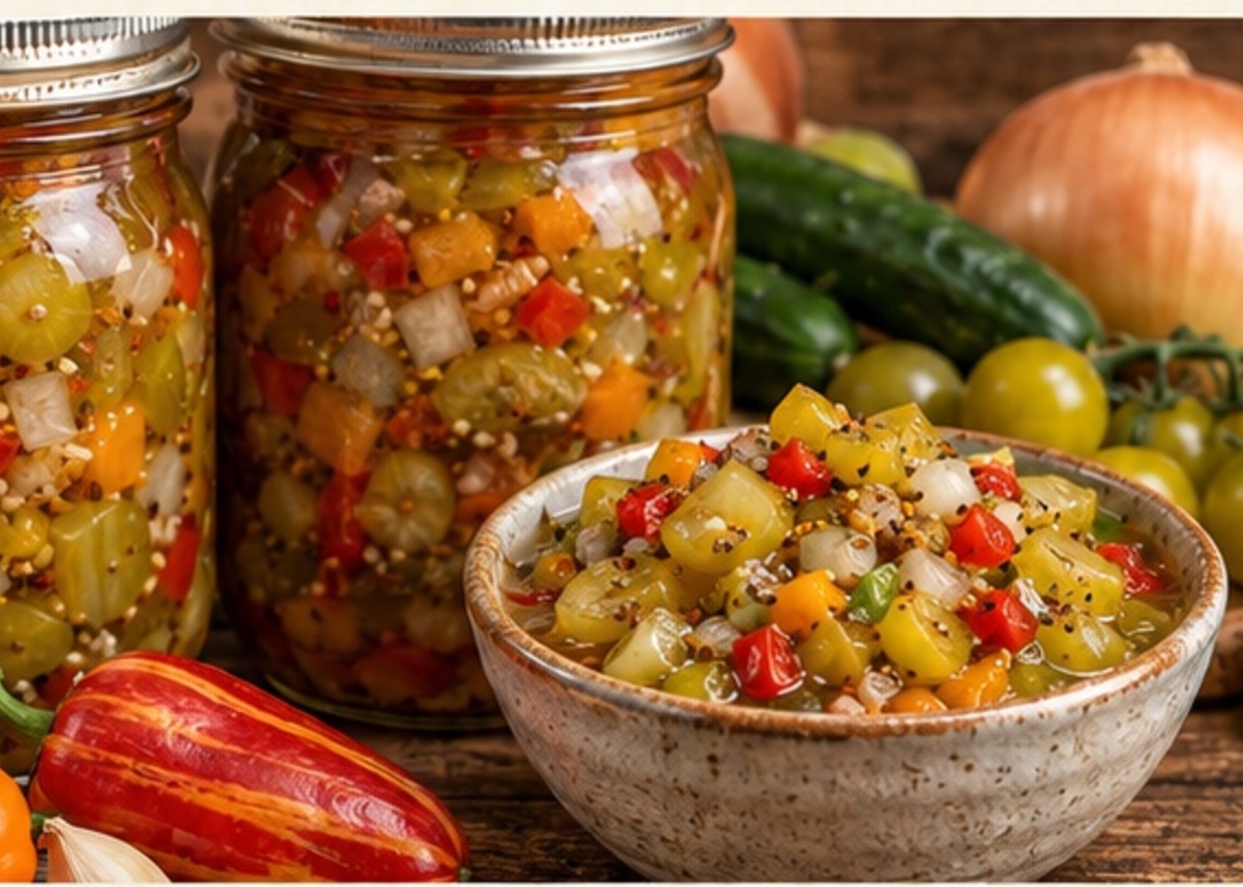 Jars and bowl of Firefly sweet heat relish