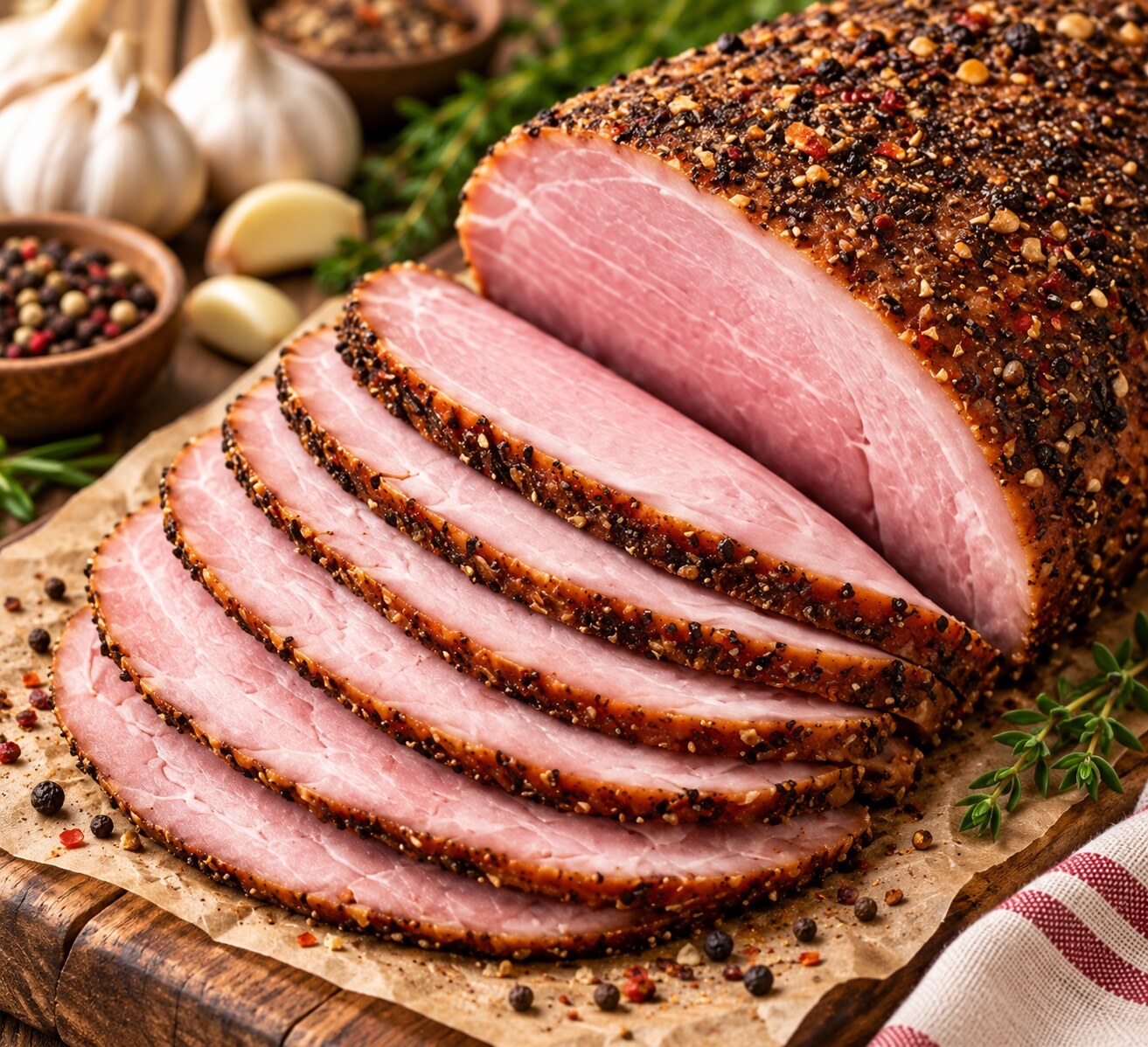 Sliced garlic pepper deli ham