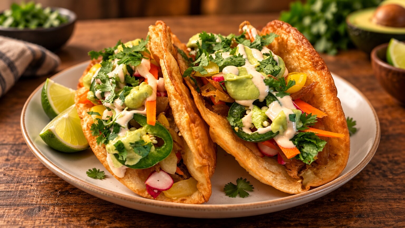 H-Town Crunch Tacos arranged on a ceramic plate with lime, jalapeño, herbs, and crema