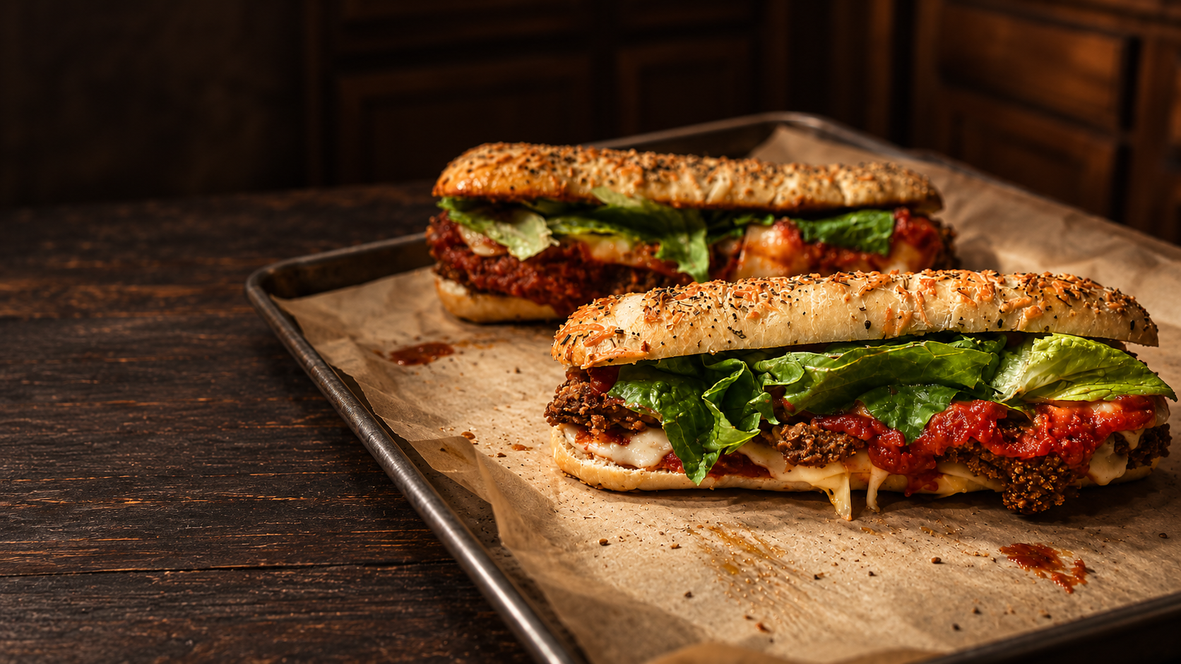 Two Buffalo chicken Parmesan sandwiches on a parchment-lined sheet pan