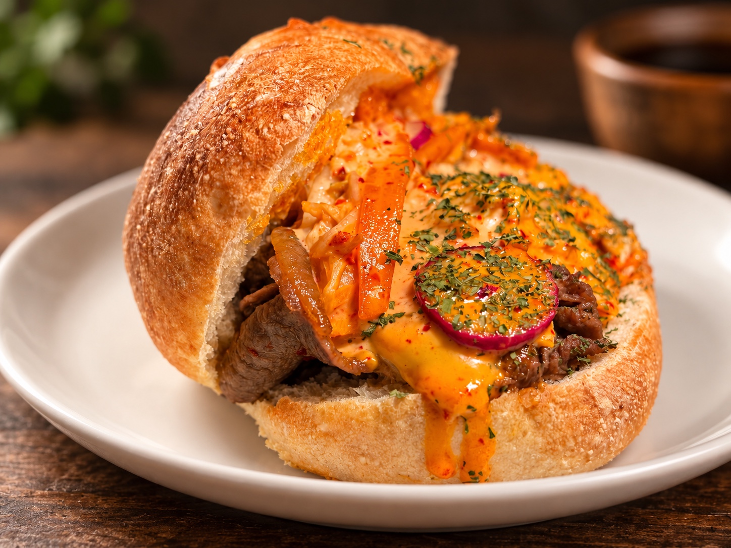 L.A. Double Dip sandwich with beef, kimchi, and sauce in a crusty roll on a white plate
