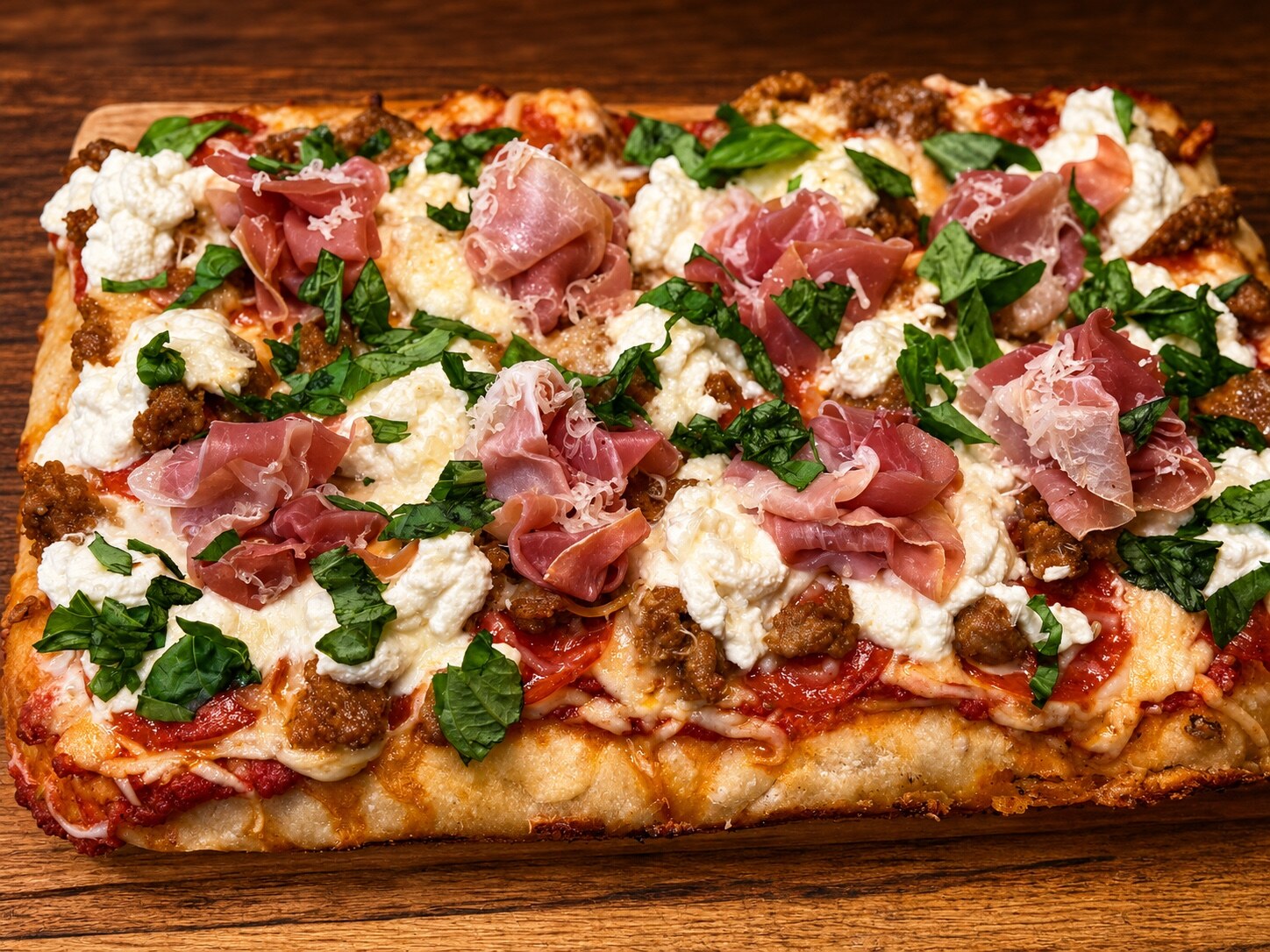 Loaded focaccia pizza with sausage, pepperoni, prosciutto, ricotta, and basil