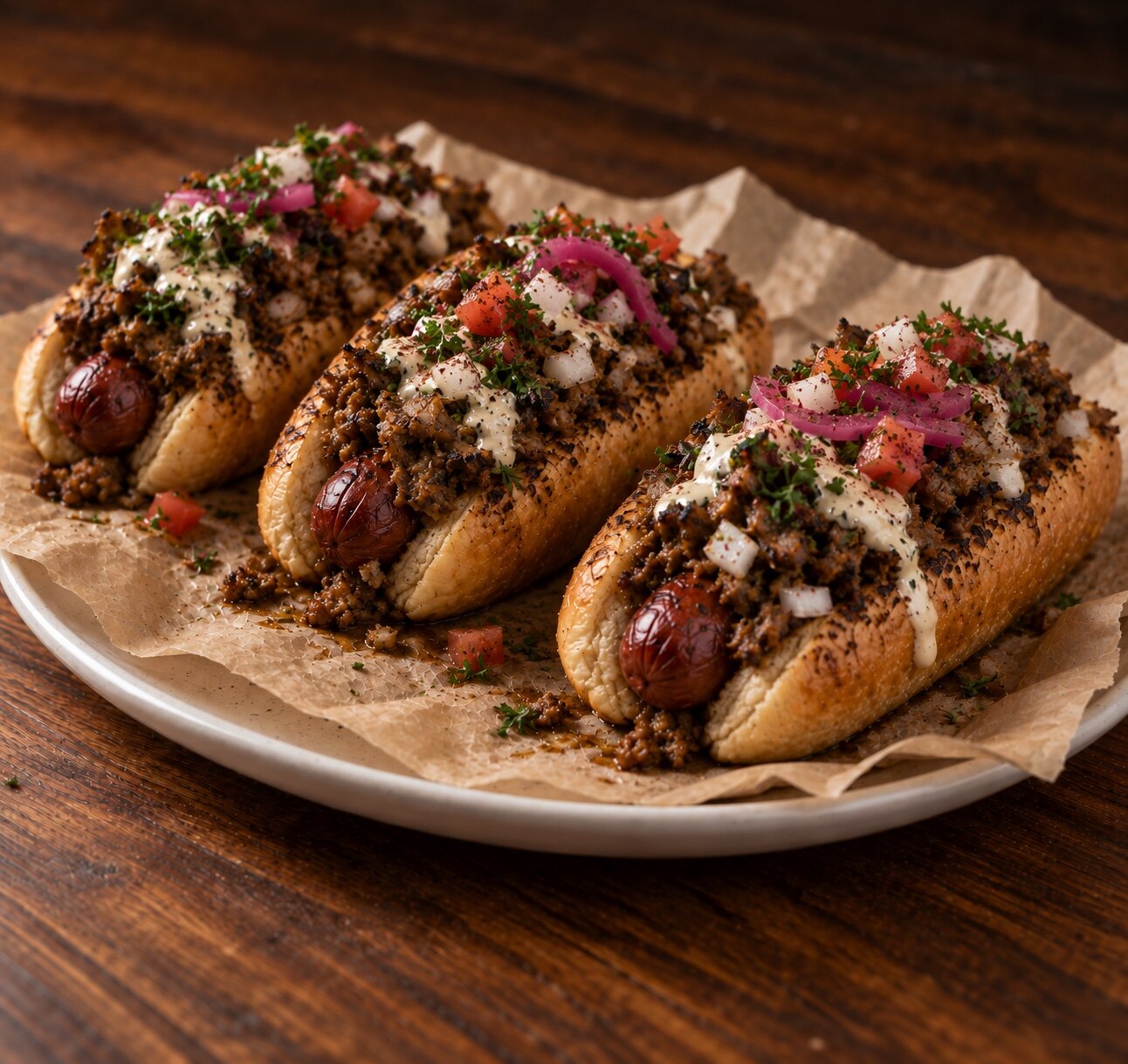 Three Motor City Shawarma Coneys topped with seasoned beef, pickled onion, herbs, and garlic tahini