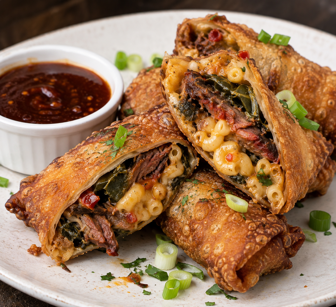 Golden fried egg rolls cut open to show smoked brisket, pimento mac and cheese, and collard greens beside barbecue dipping sauce