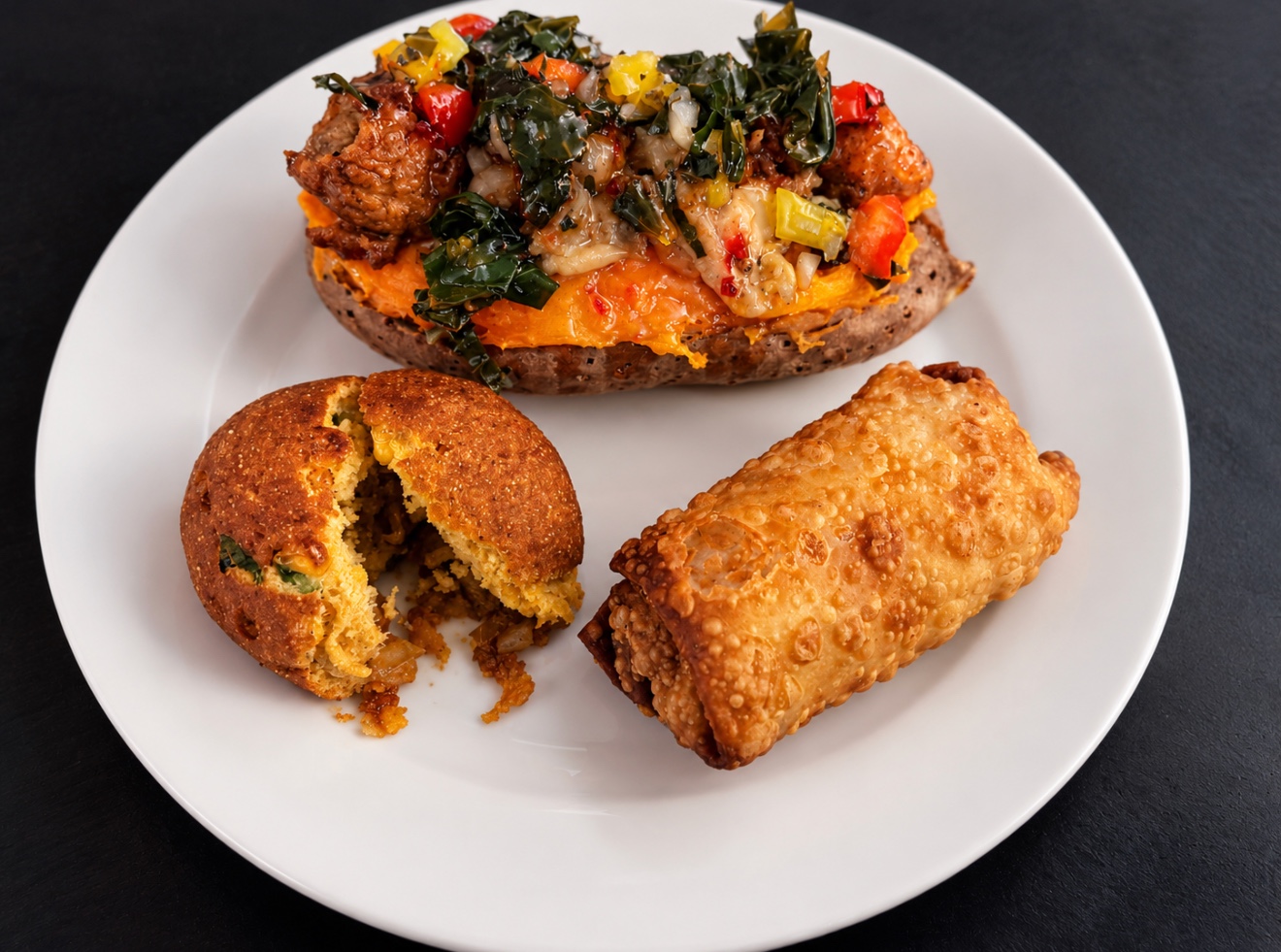 Oakland-inspired game-day meal with loaded sweet potato, crispy chicken, collard chow-chow, brisket egg rolls, and barbecue dipping sauce