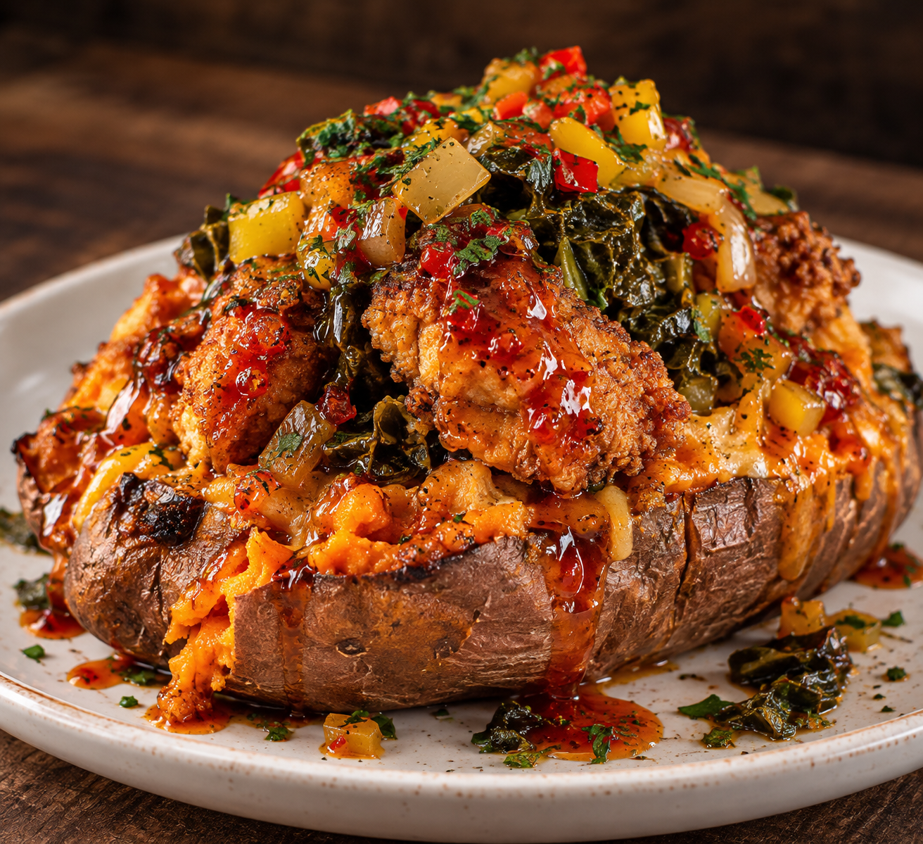 Twice-baked sweet potato loaded with crispy chicken, collard chow-chow, and pepper jelly glaze