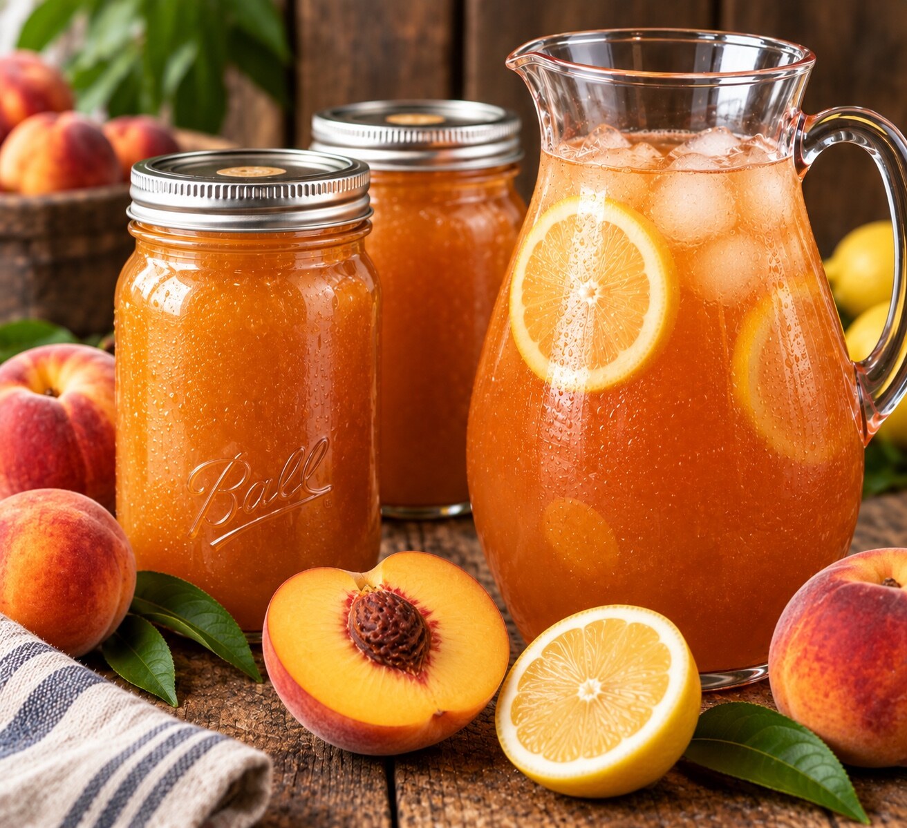 Peach lemonade concentrate and a cold pitcher