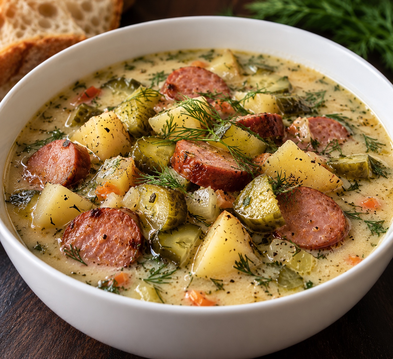 Creamy smoked kielbasa and dill pickle soup with Yukon Gold potatoes and fresh dill in a white bowl