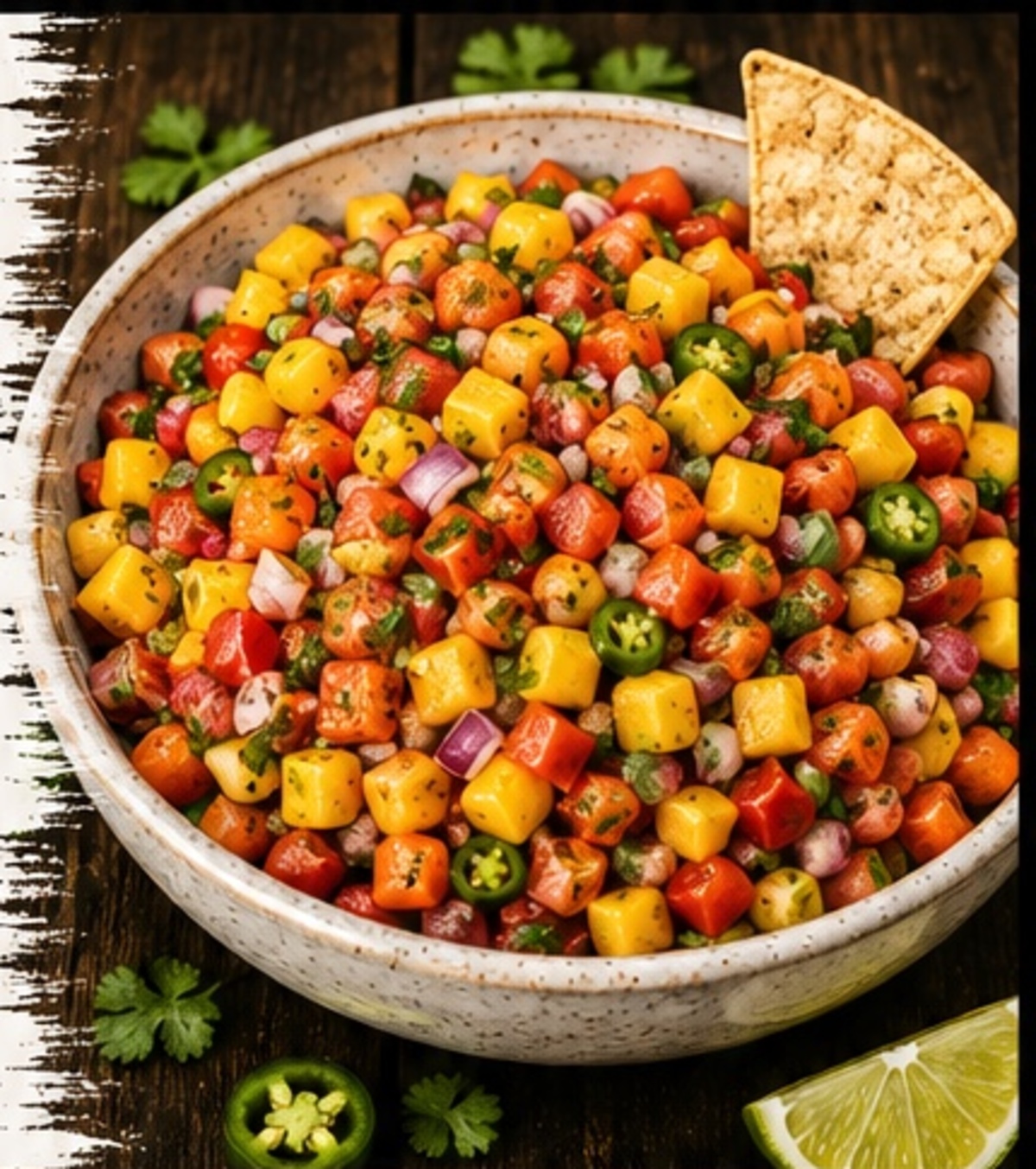 Bowl of colorful spicy mango salsa