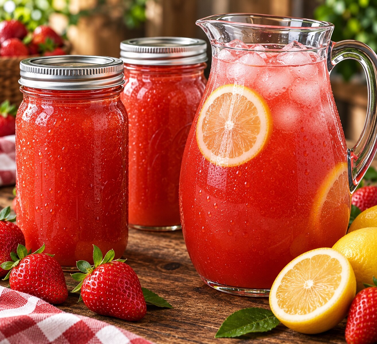 Strawberry lemonade concentrate and an iced pitcher