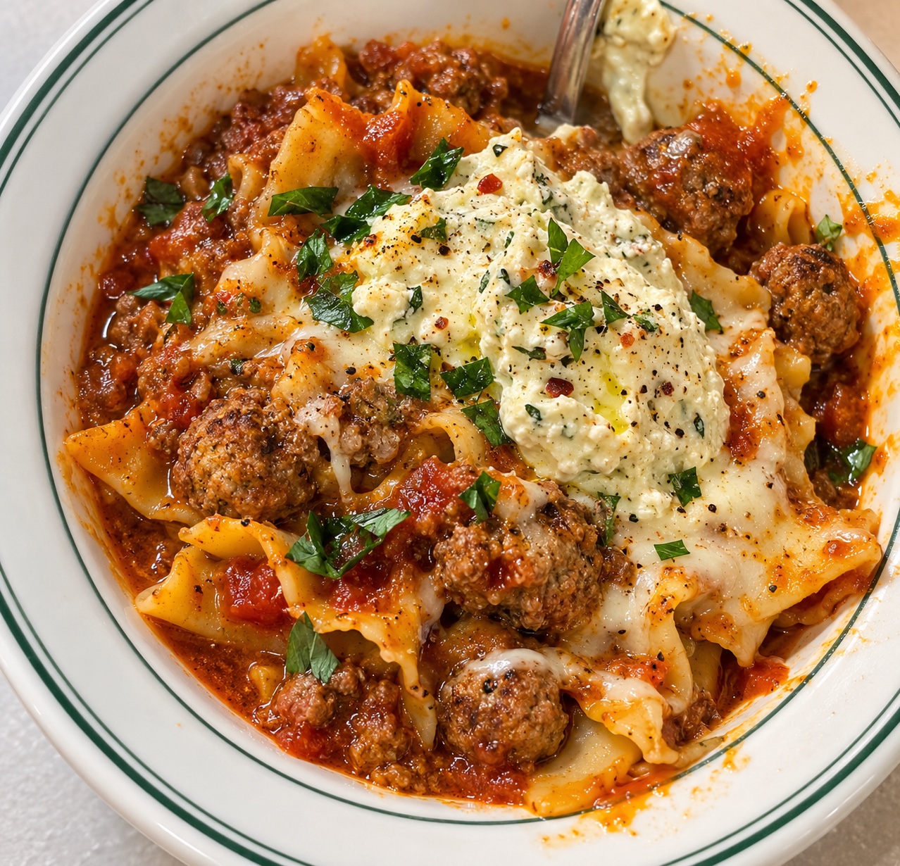 Sunday gravy lasagna soup with mini meatballs, ruffled noodles, whipped ricotta, mozzarella, and fresh basil