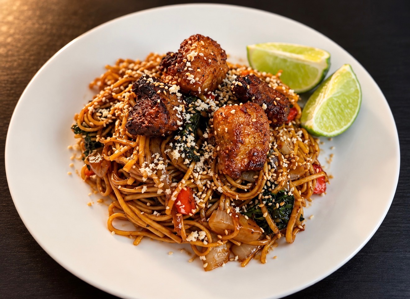Thai Town After Dark drunken noodles with crispy pork belly, Thai basil, vegetables, and lime