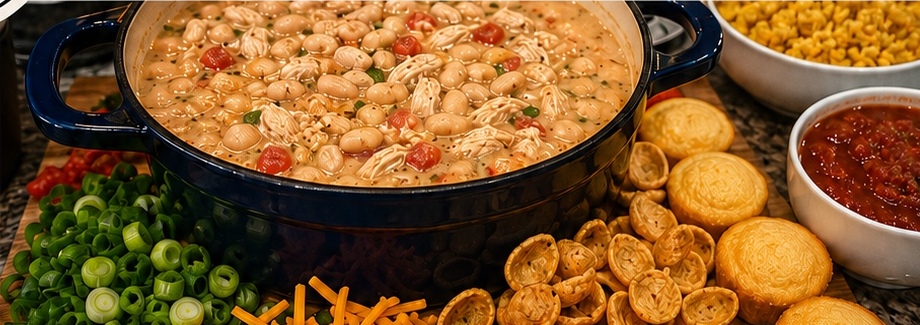 White chicken chili with sides and toppings